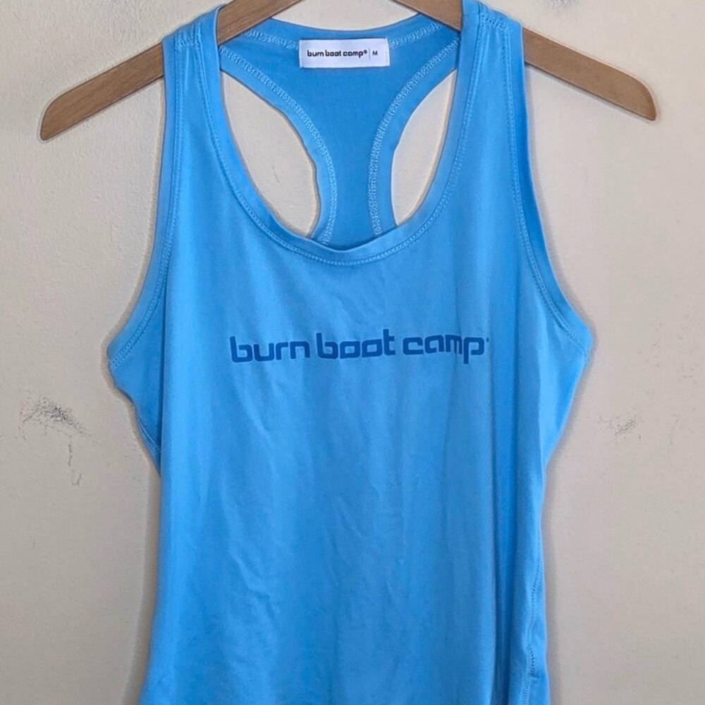 Burn Boot Camp Blue Logo Racerback Tank Top Size Medium Workout Athletic Sporty
